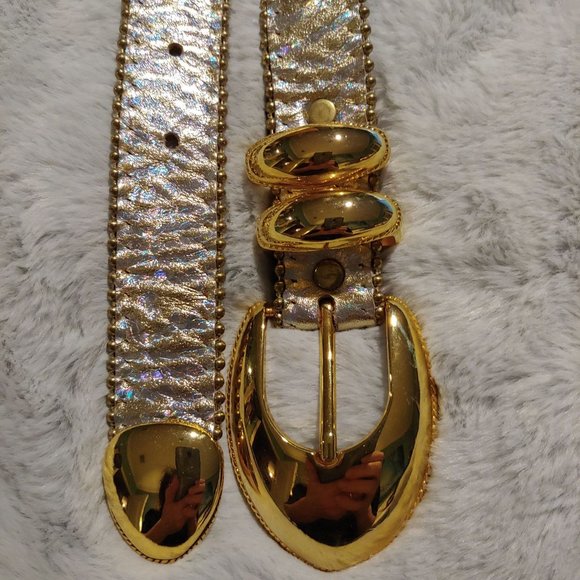 Belts by Simon silver metallic leather large belt with gold hardware main image 12